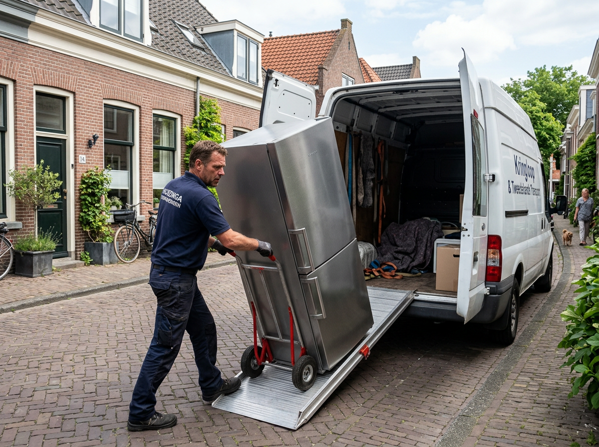 Verhuizer laadt een koelkast met een steekwagen in de bus